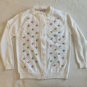 Vintage White Cardigan with Colorful Rosebud Embroidery Cottagecore